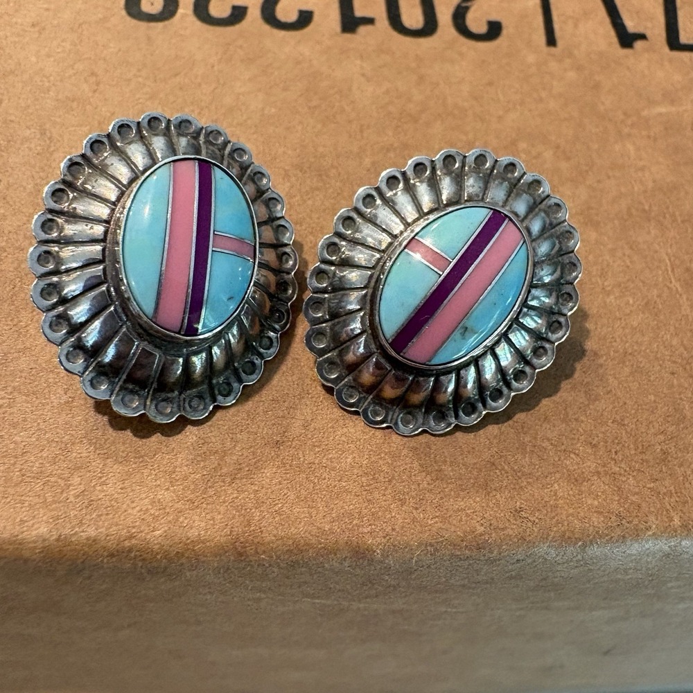 Vintage Navajo Sterling Silver Multi Inlay Stud Earrings